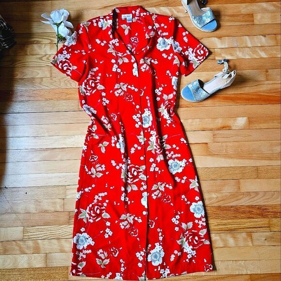 Vintage Rene Margo Floral Red Button-Up Dress - Picture 1 of 10